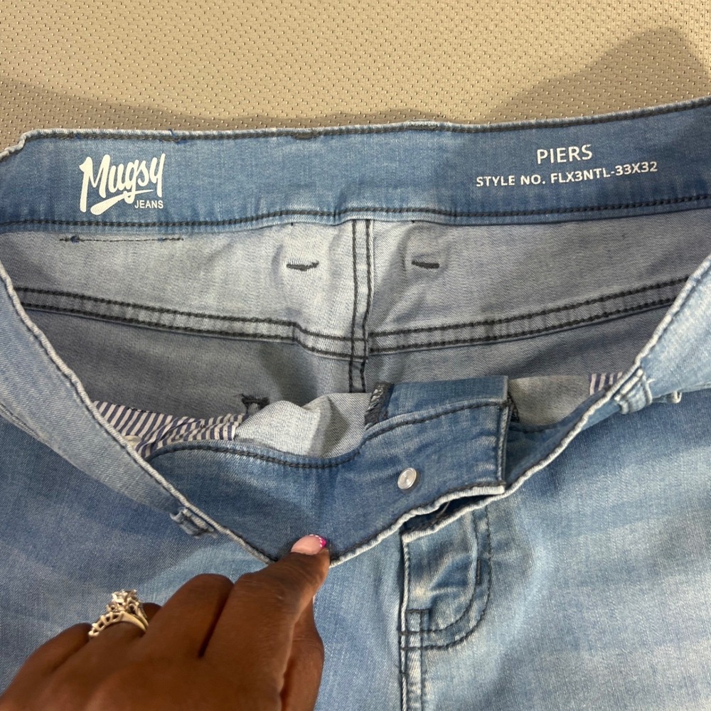 Mugsy Piers Jeans Mens 33x32 Blue Light Wash Stretch Denim Slim Straight FLX3NTL - Picture 4 of 9